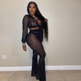 Sexy sheer gauze long-sleeved two-piece nightclub suit