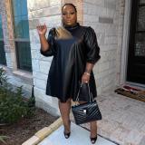 Sexy Long Sleeve Plus Size Leather Skirt Nightclub Wear