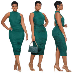Shake cloth pleated slit tank top dress