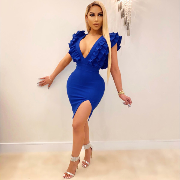 Women's Solid Deep V Neck Pleated Fungus Edge Club Mini Dress