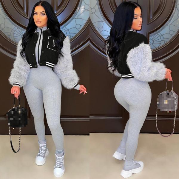 Ladies Fashion Casual Imitation Rabbit Fur Sleeve Short Baseball Jacket Jacket