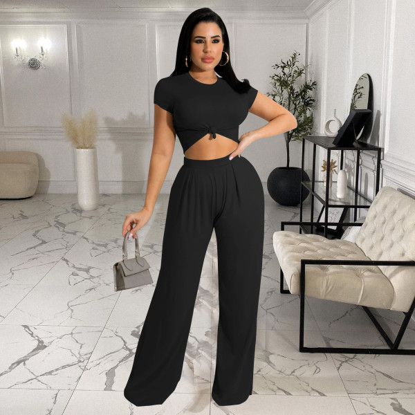 Solid color wide-leg short-sleeved spring and autumn women's two-piece suit