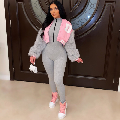 Ladies Fashion Casual Imitation Rabbit Fur Sleeve Short Baseball Jacket Jacket