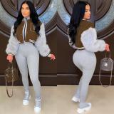 Ladies Fashion Casual Imitation Rabbit Fur Sleeve Short Baseball Jacket Jacket