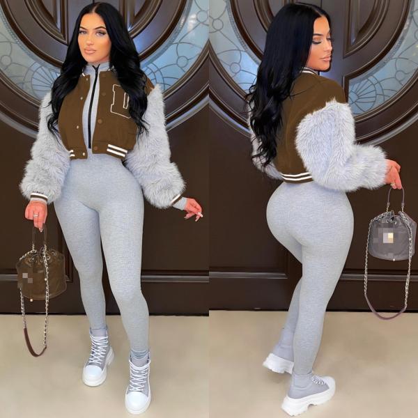 Ladies Fashion Casual Imitation Rabbit Fur Sleeve Short Baseball Jacket Jacket