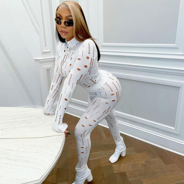 2021 autumn women's new sexy hollow hole high waist tight trousers casual sports suit women K21S05493