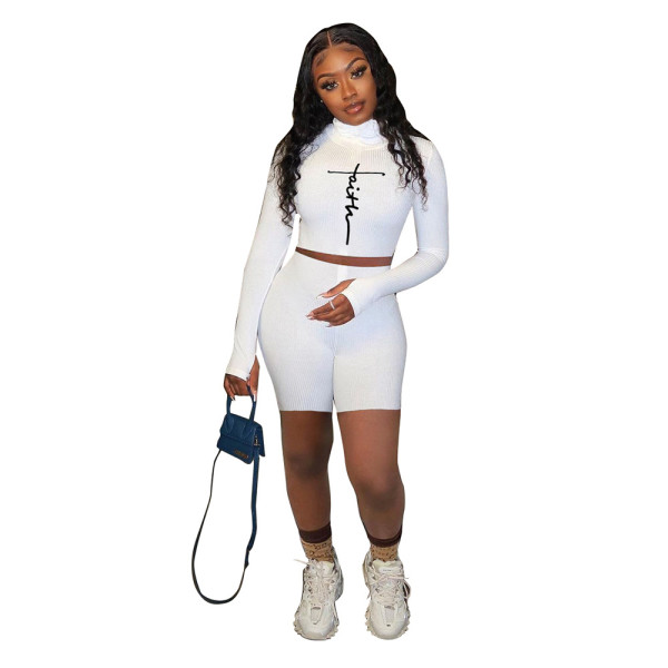 Solid color turtleneck pit strip letter printing two-piece set