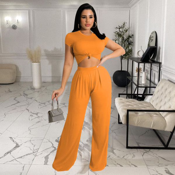 Solid color wide-leg short-sleeved spring and autumn women's two-piece suit