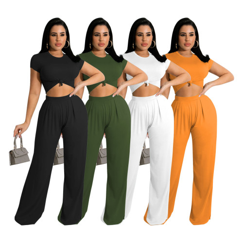 Solid color wide-leg short-sleeved spring and autumn women's two-piece suit