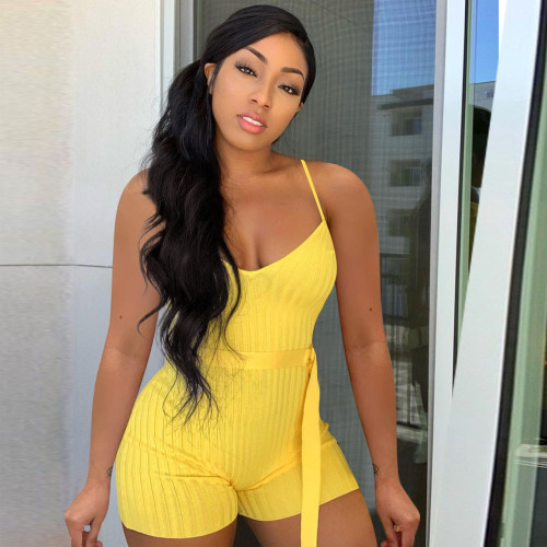 Solid color pit strip suspender jumpsuit