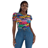 Pile of Sleeves Letter Heart Dark Button Shirt Top