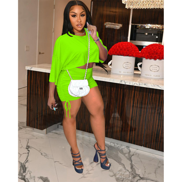 Solid Color Casual Round Neck Short Sleeve Shorts Two Piece Set