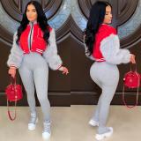 Ladies Fashion Casual Imitation Rabbit Fur Sleeve Short Baseball Jacket Jacket