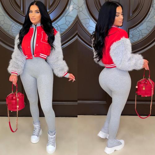 Ladies Fashion Casual Imitation Rabbit Fur Sleeve Short Baseball Jacket Jacket