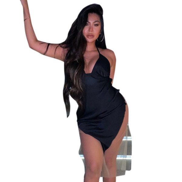 Solid Color Mesh Panel Sleeveless Halter Dress