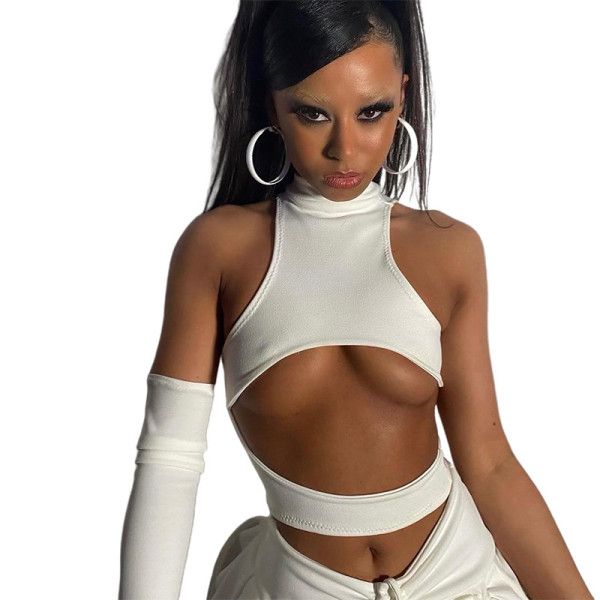 Solid Color Sexy Round Neck Hollow Out One Shoulder Long Sleeve Slim Top