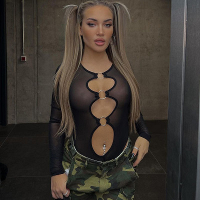 Women's Solid Color Casual Hollow Out Navel Ring Mesh Bodysuit