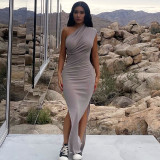 Solid Color Casual Pleated Slim Fit Long Dress