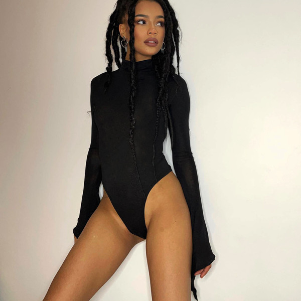 Solid color casual round neck long sleeve slim top bodysuit women