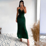 Solid Color Casual Backless Tie Halter Slim Long Dress