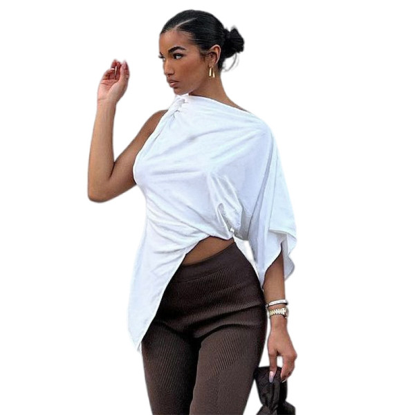 Solid Color Casual Asymmetric Cut Loose Lace Up Top