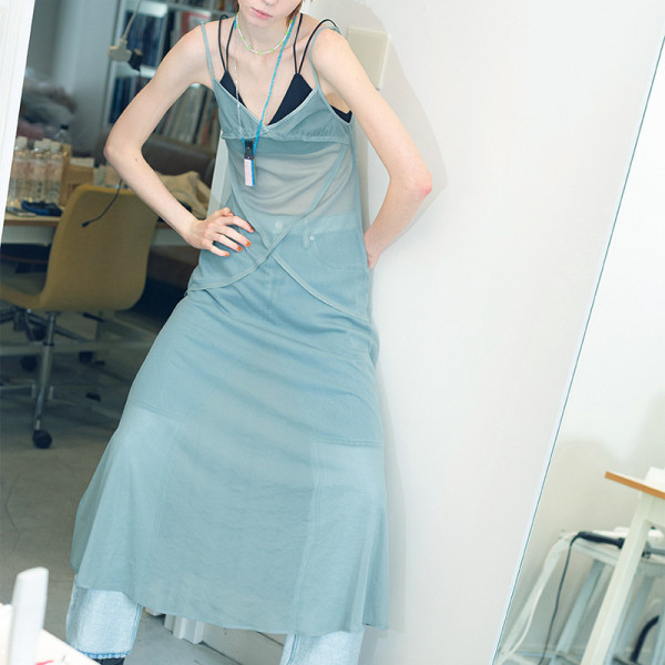 Solid color sexy reversible mesh suspender long dress