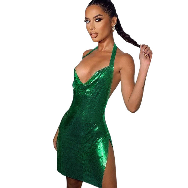 Solid color sexy bronzing open back split halter neck short dress
