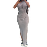 Solid Color Casual Pleated Slim Fit Long Dress