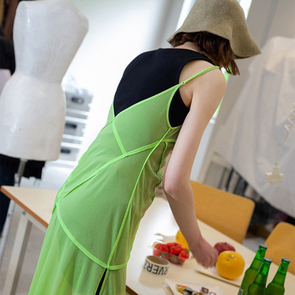 Solid color sexy reversible mesh suspender long dress