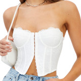 Solid Color Sexy Lace Backless Buckle Cropped Sling Top