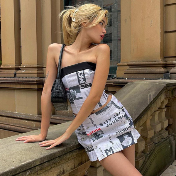 Newspaper Print Backless Pin Sexy Wrap Skirt Set