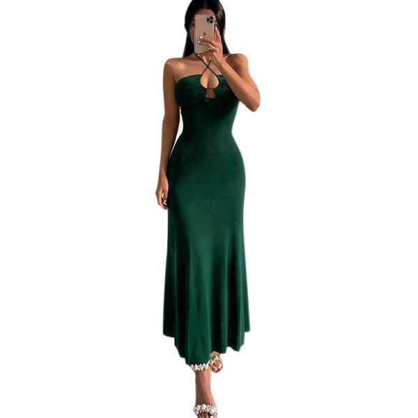 Solid Color Casual Backless Tie Halter Slim Long Dress