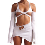 Sexy Hollow Out Navel Show Back Long Sleeve Short Skirt Suit