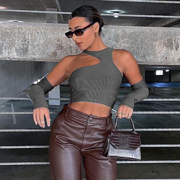 Solid Color Casual Round Neck Cutout Navel Crop Panel Long Sleeve Top