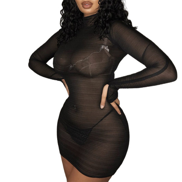 Sexy Mesh Micro Sheer Long Sleeve Slim Short Dress