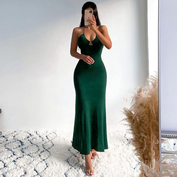 Solid Color Casual Backless Tie Halter Slim Long Dress