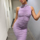 Solid Sleeveless Stand Collar Gathered Casual Dress