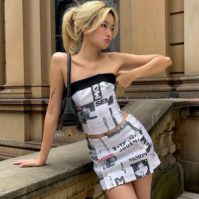 Newspaper Print Backless Pin Sexy Wrap Skirt Set