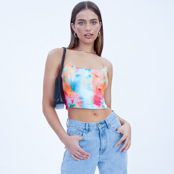 Tie-Dye Panelled One-Shoulder Tie Tunic Top