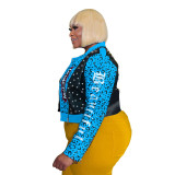 Studded Leopard Alphabet Print Street Trend Biker Suit Plus Size Women's Leather Jacket