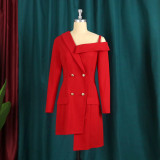 Sexy One Shoulder Long Sleeve Metal Button Cardigan High Waist Slim Fit OL Long Women's Suit Jacket