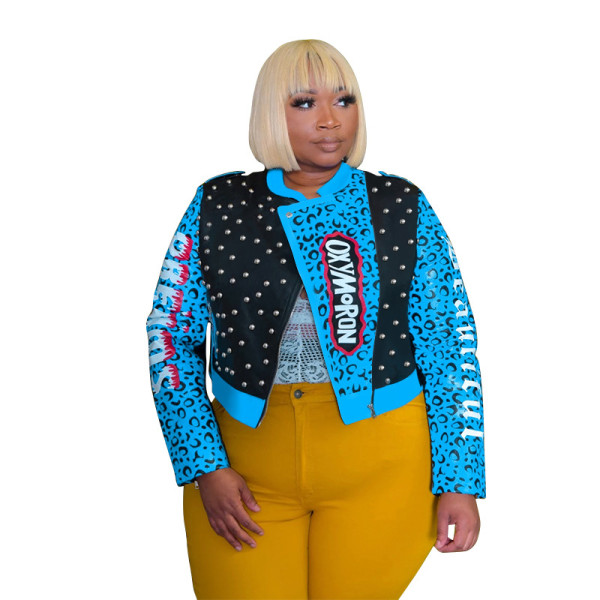 Studded Leopard Alphabet Print Street Trend Biker Suit Plus Size Women's Leather Jacket
