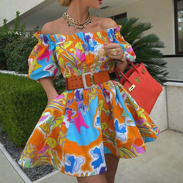 Women's sexy temperament fashion one word neck waist print dress