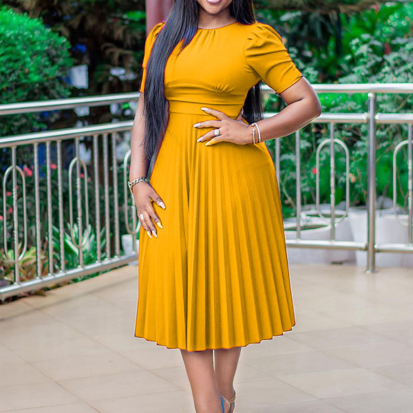 Summer short-sleeved pleated solid color plus size dress