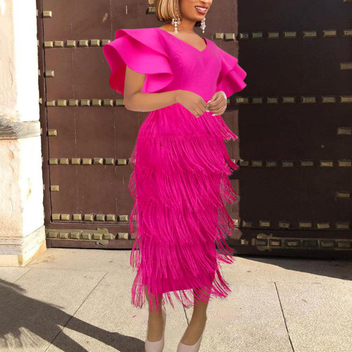 New V-Neck Ruffle Sleeves High Waist Fringe Party Dress Rose Red Women's Dress