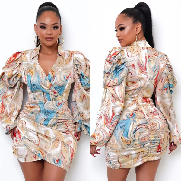 Nightclub V-neck pleated zipper sexy dress