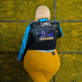 Studded Leopard Alphabet Print Street Trend Biker Suit Plus Size Women's Leather Jacket