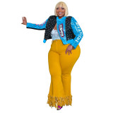Studded Leopard Alphabet Print Street Trend Biker Suit Plus Size Women's Leather Jacket