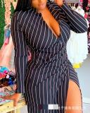 Women's Striped V-Neck High Slit Maxi Dress
