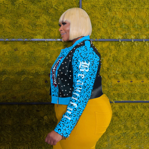 Studded Leopard Alphabet Print Street Trend Biker Suit Plus Size Women's Leather Jacket